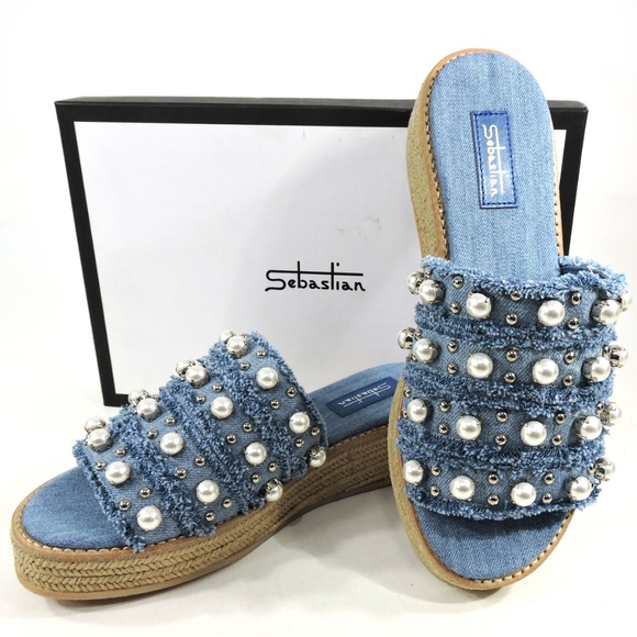 Sebastian Milano Shoes - SEBASTIAN 🇮🇹 WOMEN'S BLUE JEANS DENIM COMFORT SUMMER WEDGE MULES